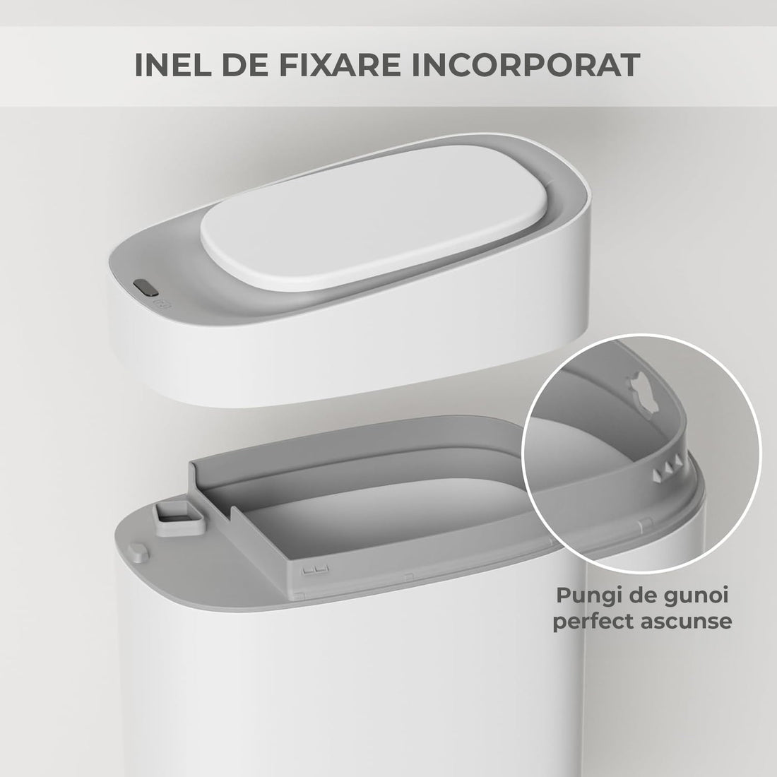 Cos de Gunoi cu Senzor Elindor® cu Capacitate 9.5l, Capac Inteligent Anti-Miros, Deschidere Silentioasa, Design Elegant, Subtire, Ideal pentru Baie, Bucatarie, Birou, Dormitor, Perfect pentru Colectare Deseuri, Rezistent la Apa IPX5 Alb