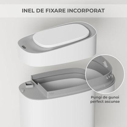 Cos de Gunoi cu Senzor Elindor® cu Capacitate 9.5l, Capac Inteligent Anti-Miros, Deschidere Silentioasa, Design Elegant, Subtire, Ideal pentru Baie, Bucatarie, Birou, Dormitor, Perfect pentru Colectare Deseuri, Rezistent la Apa IPX5 Alb
