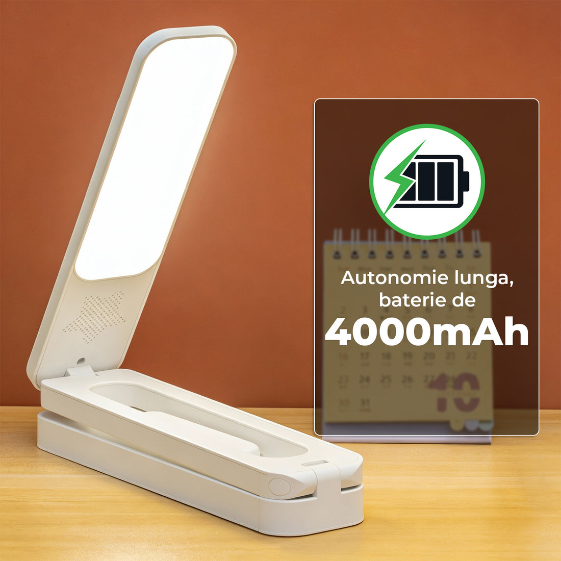 Lampa de Birou Elindor® Alba cu LED Integrat, Incarcare USB si cu Acumulator, 3 Moduri Lumina Camera Rece/Cald, Comanda prin Buton, Veioza Pliabila cu Brat Reglabil, Compacta si Portabila, pentru Birou, Dormitor, Hol, Living, 21 × 42 × 5 cm