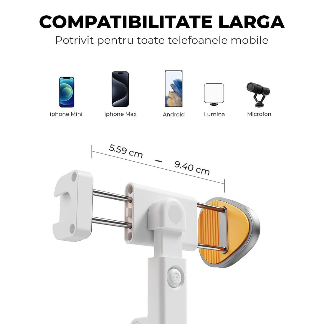 Trepied Foto Telescopic Profesional Elindor® Stativ Telefon 2-in1, cu Telecomanda Bluetooth si Functie Selfie Stick, Compatibil iPhone / Android, Tripod Universal, Suport Durabil si Usor, Unghi Ajustabil 180°, 32-159 cm, pentru Foto / Video, Alb