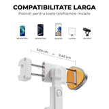 Trepied Foto Telescopic Profesional Elindor® Stativ Telefon 2-in1, cu Telecomanda Bluetooth si Functie Selfie Stick, Compatibil iPhone / Android, Tripod Universal, Suport Durabil si Usor, Unghi Ajustabil 180°, 32-159 cm, pentru Foto / Video, Alb