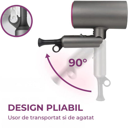 Uscator de Par Elindor®, 1800W, Tehnologie cu Ioni Negativi, 3 Trepte de Temperatura si Viteza, Jet de Aer Rece, 3 Duze pentru Coafare, Design Compact si Pliabil, Negru/Mov