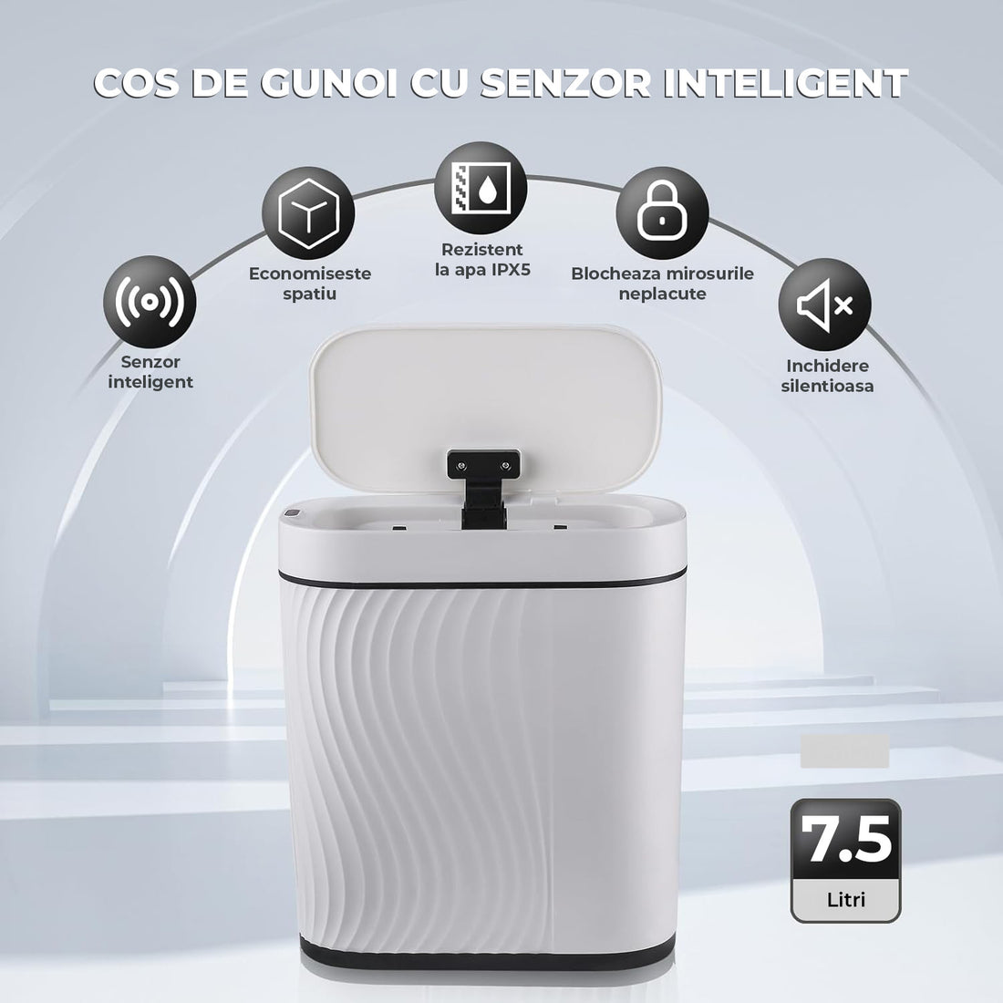 Cos de Gunoi cu Senzor Elindor® cu Capacitate 7.5l, Capac Inteligent Anti-Miros, Deschidere Silentioasa, Design Elegant, Subtire, Ideal pentru Baie, Bucatarie, Birou, Dormitor, Perfect pentru Colectare Deseuri, Rezistent la Apa IPX5 Alb / Negru