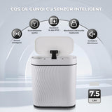 Cos de Gunoi cu Senzor Elindor® cu Capacitate 7.5l, Capac Inteligent Anti-Miros, Deschidere Silentioasa, Design Elegant, Subtire, Ideal pentru Baie, Bucatarie, Birou, Dormitor, Perfect pentru Colectare Deseuri, Rezistent la Apa IPX5 Alb / Negru