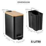 Cos de Gunoi Bucatarie Elindor® cu Pedala, cu Capac din Bambus, Capacitate 5L, Galeata Detasabila, Maner Transport, Multifunctional, Ideal in Bucatarie, Baie, Birou, Camara, Living, Dormitor, Potrivit pentru Colectare Selectiva, Negru