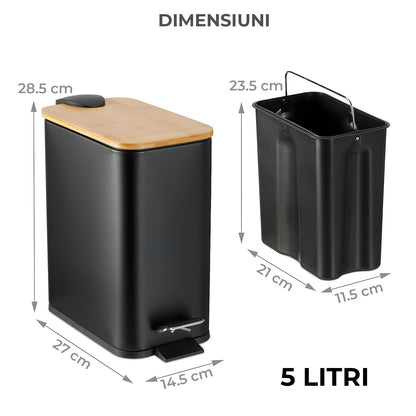 Cos de Gunoi Bucatarie Elindor® cu Pedala, cu Capac din Bambus, Capacitate 5L, Galeata Detasabila, Maner Transport, Multifunctional, Ideal in Bucatarie, Baie, Birou, Camara, Living, Dormitor, Potrivit pentru Colectare Selectiva, Negru