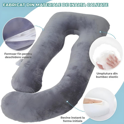 Perna Gravide si Alaptare Elindor®, Multifunctionala, Forma de U, Husa din Bumbac Satinat Detajabila, Lavabila, Suport Burta, Picioare, Cap, Gat, Spate, Ideala Pentru Formit Lateral, 3 kg, 79 x 152  cm, Gri