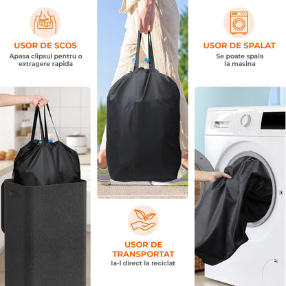 Cos pentru Reciclare Elindor® Capacitate 100L, din Material Textil cu Capac Ranforsat, Multifunctional, pentru Bucatarie sau Camara, Cos Gunoi Potrivit pentru Colectare Selectiva a Sticlelor de Plastic, 42 x 32 x 75 cm, Negru