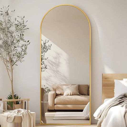 Oglinda de Podea Elindor®, 150 x 40 cm, cu Suport, Montare pe Perete, Oglinda Corp Intreg Pentru Dormitor, Living, Birou sau Dulap, cu Rama Tip Arcada din Aluminiu, Usoara, Multifuntionala, Reglabila, Auriu