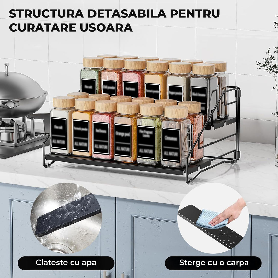 Organizator Condimente Elindor® pe 4 Niveluri, Suport Organizare, pe Blat sau in Dulap, sub Chiuveta, Suport Metalic, pentru Bucatarie, Baie, Camara, Bar, Raft cu Sertare Depozitare Condimente, 25.5 × 34 × 16 cm, Negru