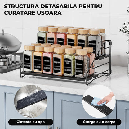 Organizator Condimente Elindor® pe 4 Niveluri, Suport Organizare, pe Blat sau in Dulap, sub Chiuveta, Suport Metalic, pentru Bucatarie, Baie, Camara, Bar, Raft cu Sertare Depozitare Condimente, 25.5 × 34 × 16 cm, Negru