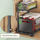 Organizator Elindor® cu 2 Nivele, Recipient de Depozitare Multifunctional si Glisant, Organizator pentru Dulapul de sub Chiuveta din Baie si Bucatarie, 38 × 26.5 × 41–48.5 cm, Negru