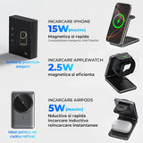 Incarcator Wireless 3-in-1 Elindor® Pliabil, Fast Charge 15W, Compatibil iPhone, Apple Watch, AirPods, Negru