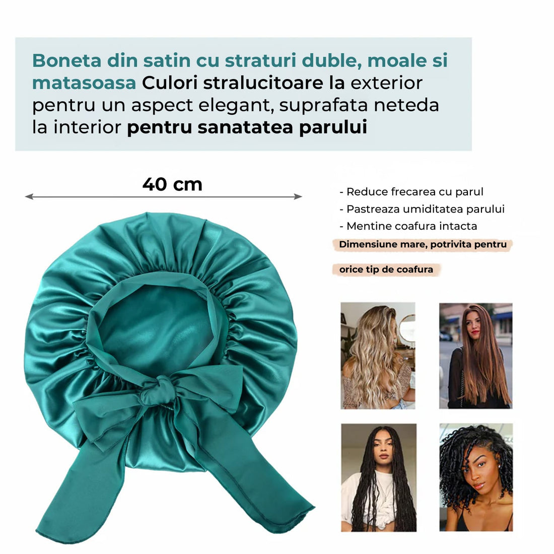 Boneta Satin Dubla Elindor® Pentru Protectia Parului, Banda Reglabila, Albastru Marin