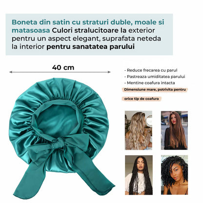 Boneta Satin Dubla Elindor® Pentru Protectia Parului, Banda Reglabila, Albastru Marin