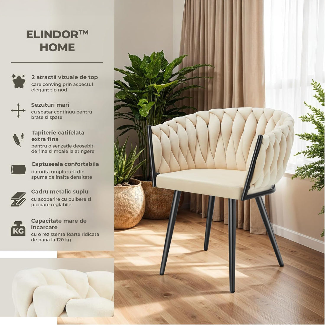 Set 2 Scaune Elindor® Ergonomice, Tip Scoica, Design Contemporan, Scaun cu Spatar si cu Manere, din Catifea cu Picioare Metalice Aurii, Potrivite pentru Living, Bucatarie, Birou, Dormitor, Latime Sezut 44 cm, 71 x 50 x 45 cm, Bej