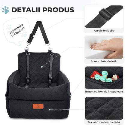 Scaun Auto Elindor® pentru Transport Animale, Caini si Pisici, Talie Mica si Medie, Protectie Scaun Sezut / Spatar, Ofera Protectie Pentru Bancheta Spate Masina Taxi/Ride Sharing, Impermeabila, Antialunecare, 52.6 x 52.6 x 48 cm, Negru