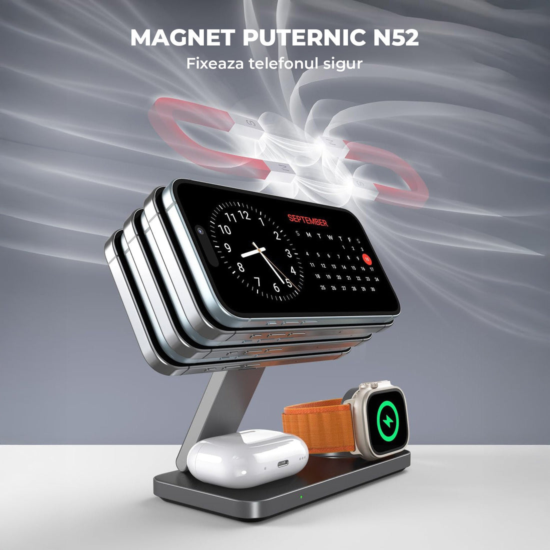 Incarcator Wireless 3 in 1 Portabil Magsafe Elindor®, 15W Qi Fast Charger, Stand Magnetic Pliabil de Birou, Charging Station pentru Apple Watch, AirPods, Telefon Compatibil iPhone, Incarcatoare fara Fir, Statie de Incarcare, Negru