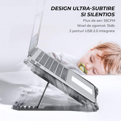 Cooler Laptop Gaming RGB Elindor® Suport cu Unghi Reglabil 6-12 cm, Dimensiuni Compatabile 12-17.3 Inch, 5 Ventilatoare Puternice si Silentioase 15dB cu Viteza Ajustabila, 2 Porturi USB, pentru Birou, Calatorii, 41,6 x 28,5 x 2,8 cm, Negru