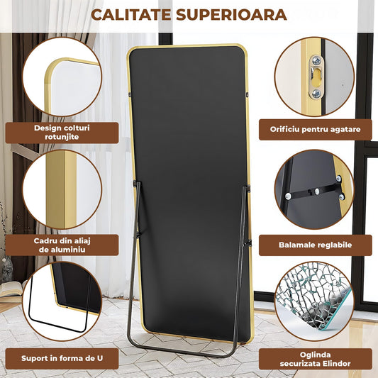 Oglinda Aurie Dreptunghiulara Decorativa Elindor® cu Rama din Aluminiu, 165x60 Cm, cu Suport de Podea sau Sistem Prindere pe Perete, Ideala pentru Dormitor, Living sau Hol
