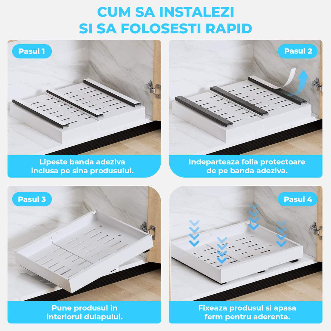 Organizator Multifunctional Elindor® Tip Sertar, cu Adeziv, Suport Metalic Dulap sub Blat Chiuveta, Inaltime Reglabila, 2x Sertar Glisant Organizare pentru Bucatarie, Baie, Camara, Bar, Raft cu Sertare Depozitare Detergenti, Parfumuri, 32-53x42x8 cm, Alb