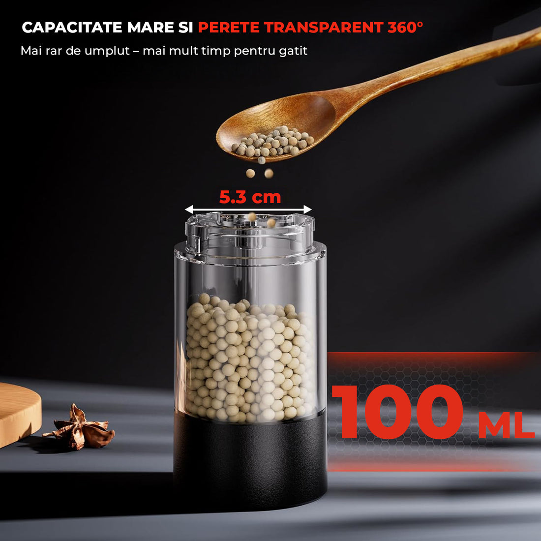 Set 2 Rasnite Electrice Elindor® Rasnita Electrica Led pentru Sare si Piper, Solnita si Pipernita din Sticla, Recipient Condimente cu Senzor Gravitational, Reglare Grosime Macinare x5, Operare cu o Mana, pentru Bucatarie, 16x7.5 cm, Transparent / Negru