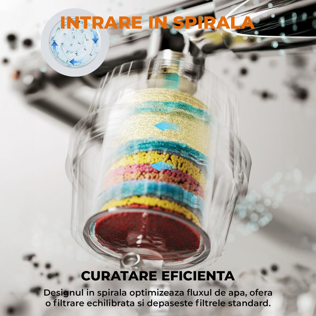 Filtru de Purificare Apa Argintiu Elindor® pentru Para de Dus Aparat de Filtrat cu 34 Stagii de Filtrare, Infuzie de Minerale si Vitamina C, Elimina Clorul, Metalele Grele, Impuritatile si Mirosurile Neplacute, Anticalcar, Purificator Apa de Baie