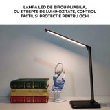 Lampa de Birou Elindor® Neagra cu LED, Pliabila, Incarcare USB si Incare Wireless Telefon, 5 Moduri Lumina Camera Rece/Cald si 5 Intensitati, Veioza Control prin Atingere, Potrivita si pentru Noptiera in Dormitor, Oprire Automata, 39 x 3 x 10,8 cm