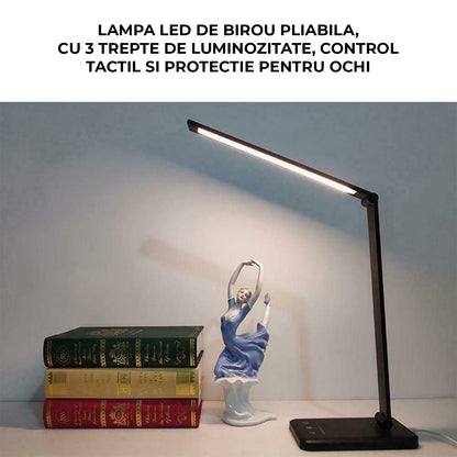 Lampa de Birou Elindor® Neagra cu LED, Pliabila, Incarcare USB si Incare Wireless Telefon, 5 Moduri Lumina Camera Rece/Cald si 5 Intensitati, Veioza Control prin Atingere, Potrivita si pentru Noptiera in Dormitor, Oprire Automata, 39 x 3 x 10,8 cm