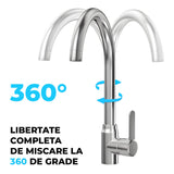 Baterie Chiuveta Bucatarie Argintie Elindor®, Robinet de Apa Modern, cu Pipa Inalta, Jet Reglabil si Aerisit, Monocomanda, Rotativ 360°, Otel Inoxidabil, Finisaj Lucios