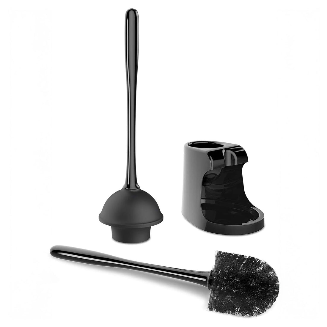 Set Perie WC si Pompa Silicon Elindor® de Toaleta sau Chiuveta, pentru Baie, Suport Discret, Maner Ergonomic, Perie 360°, Ventuza Puternica, fara Gaurire, Accesorii pentru Uz Casnic, Comercial, Rulote, 21 x 16 x 46 cm, Negru