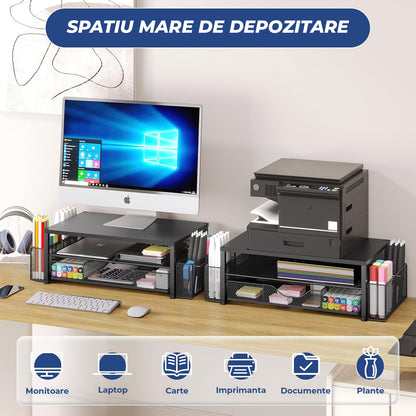 Suport Birou Elindor® pentru Monitor sau Laptop, Organizator Universal, Multifunctional, Antiderapant, Spatiu Lateral Pixuri, Sertar Glisant, pentru Masa, Ideala la Munca sau Acasa, 40 x 24 x 16 cm, Negru