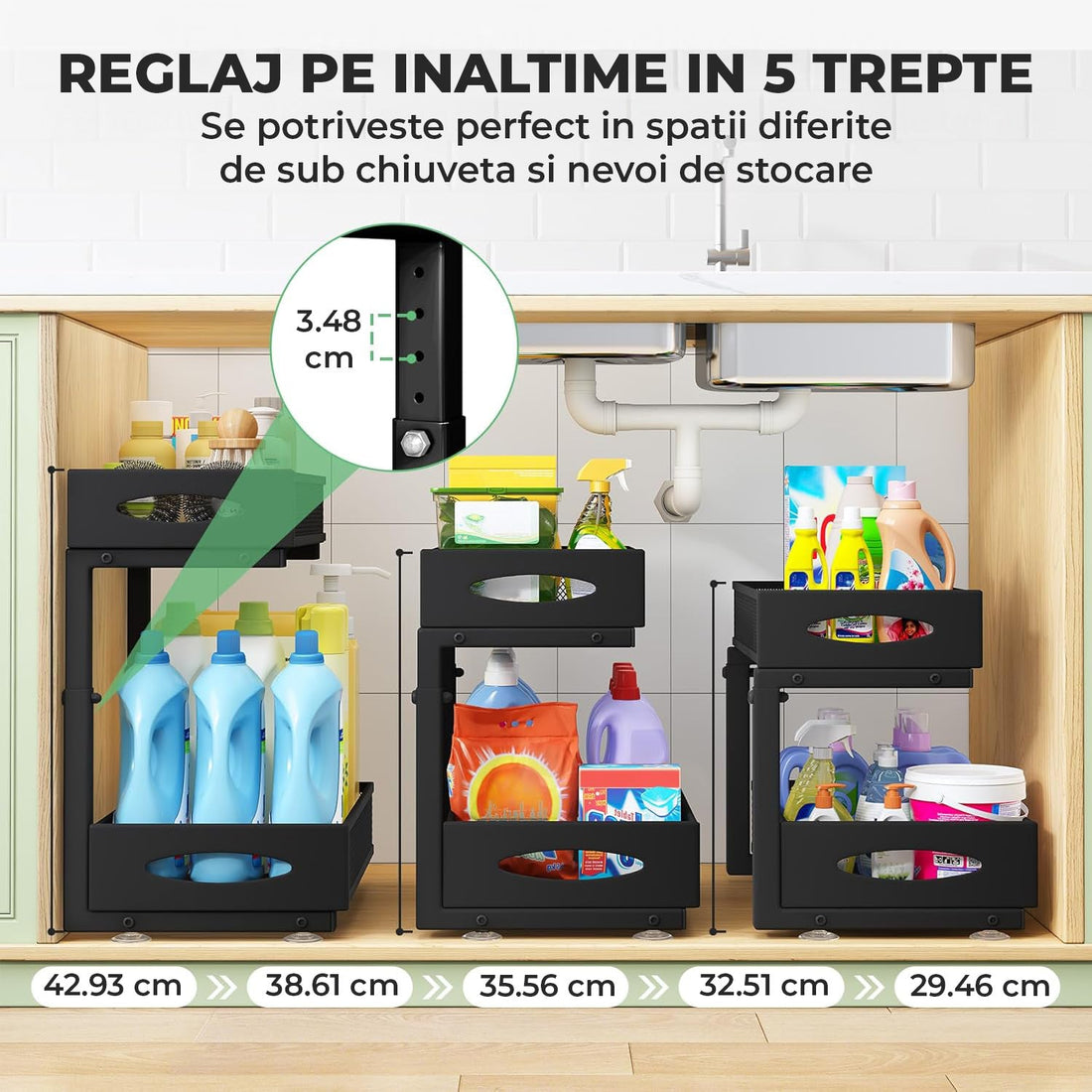 Organizator cu Sertare Glisante Elindor® pe 2 Nivele pentru Dulap, sub Chiuveta, Raft cu Sertar pentru Camara, Organizare Bucatarie, Baie si Birou, Sistem Glisant si Antialunecare, Accesorii Depozitare, Multifunctional, Organizatoare pentru Casa, Negru