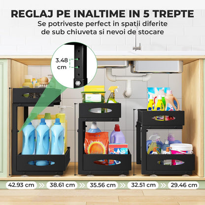 Organizator cu Sertare Glisante Elindor® pe 2 Nivele pentru Dulap, sub Chiuveta, Raft cu Sertar pentru Camara, Organizare Bucatarie, Baie si Birou, Sistem Glisant si Antialunecare, Accesorii Depozitare, Multifunctional, Organizatoare pentru Casa, Negru