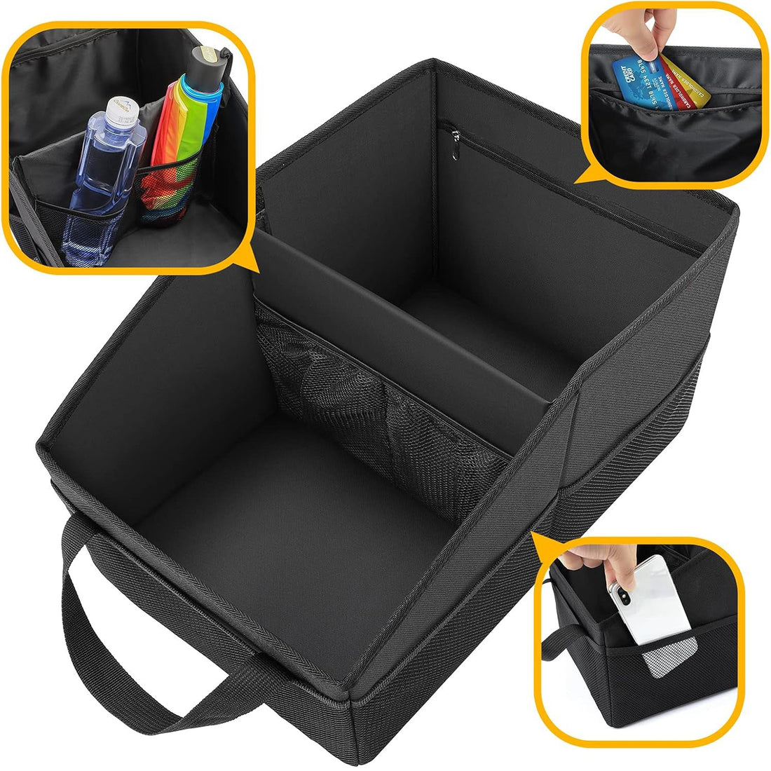 Organizator Portbagaj Auto Elindor®, Cutie Pliabila, Geanta Depozitare, Compartimentare Practica, Accesorii Interior Masina, Plasa Elastica, Suport Bagaje, Organizare Rapida, Negru
