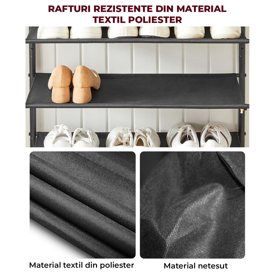 Organizator pentru Pantofi Elindor® Pantofar cu 5 Nivele Mari, Fara Gauri, Suport Metalic pentru Papuci, Dulap Hol, Dormitor, Economisire Spatiu, Depozitare Incaltaminte, 75 x 30 x 91 cm, Negru/Maro