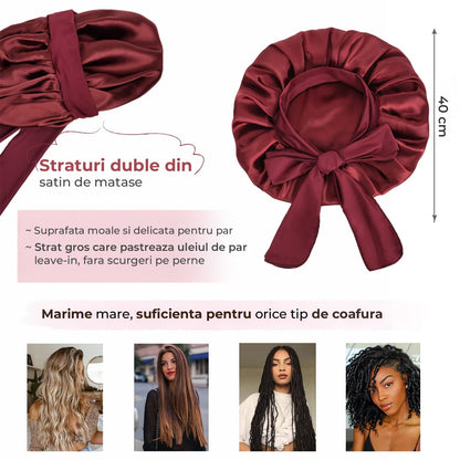 Boneta Satin Dubla Elindor® Pentru Protectia Parului, Banda Reglabila, Burgundy