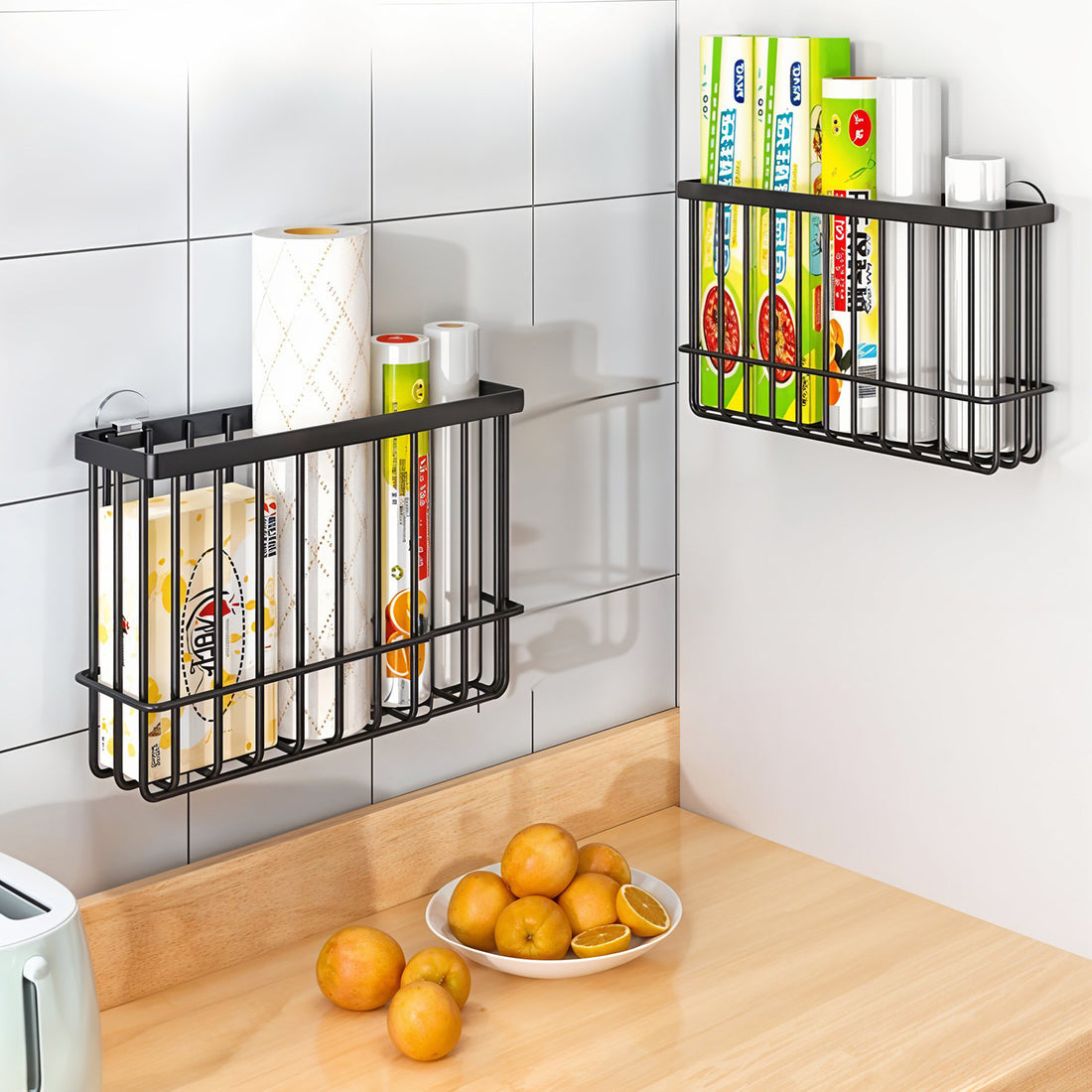 Set 2 Rafturi Elindor® Negre, Raft Suspendat cu Adeziv Slim, pentru Depozitare pentru Bucatarie, Camara sau Birou, Etajera Practica cu Design Aerisit, Usor de Asamblat, Perfecta pentru Organizare Produse de Curatenie, Polita Produse Diverse, Negru