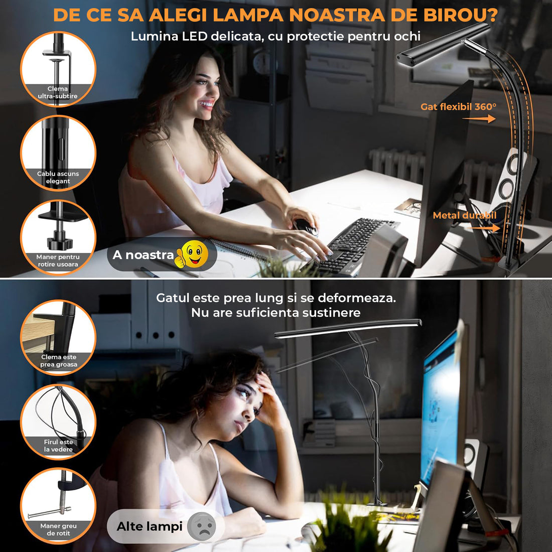 Lampa LED de Birou Elindor® Ultra Wide, Luminozitate si Temperatura Lumina Reglabila, Clema de Prindere, Gat Reglabil, Temperatura Lumina 2700-6500K, Latime 44 cm, Negru