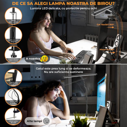 Lampa LED de Birou Elindor® Ultra Wide, Luminozitate si Temperatura Lumina Reglabila, Clema de Prindere, Gat Reglabil, Temperatura Lumina 2700-6500K, Latime 44 cm, Negru