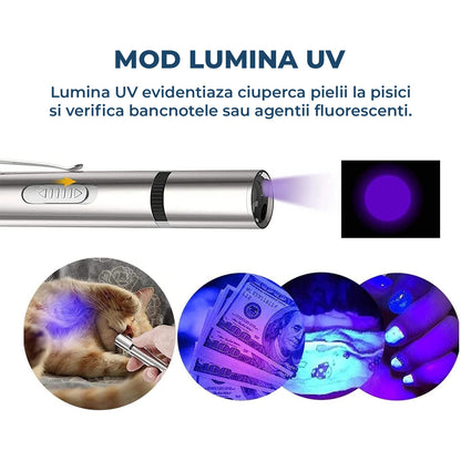 Jucarie Interactiva Elindor® pentru Pisici si Caini, Laser Pointer Reincarcabil USB, 7 Moduri Ajustabile, Lanterna LED, Otel Inoxidabil, Argintiu
