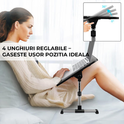 Masa Pliabila pentru Laptop Elindor® Suport Inaltime Reglabila pe 5 Niveluri, Unghi Ajustabil, Antiderapanta, Usor de Depozitat, Birou Portabil cu Sertar de Depozitare si Suport pentru Mouse, Utilizare in Orice Loc, Ideala la Munca sau Mic Dejun la Pat, N