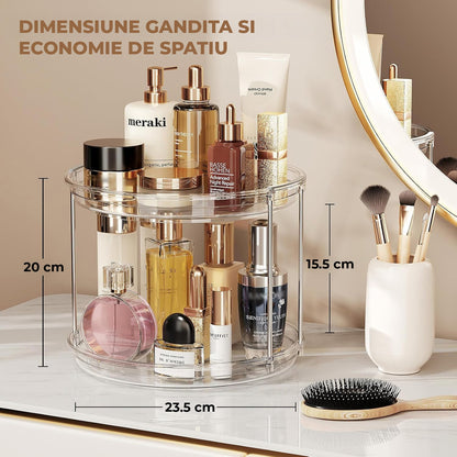 Raft Organizator Rotativ 360° Elindor® Depozitare si Organizare pentru  Bucatarie, Baie, Camara, Birou si Dulap Sub Chiuveta Multifunctional, Organizatoare pentru, Produse Cosmetice, Creme, Condimente, Parfumuri, 20x23.5 cm, Plastic Acrilic Transparent