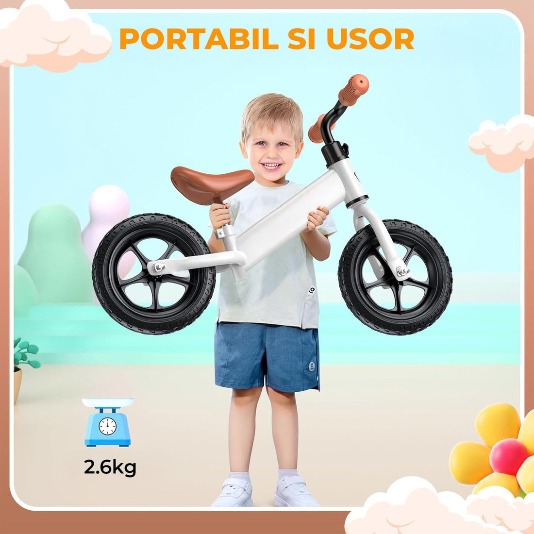 Bicicleta Fara Pedale Elindor®, Scaun Reglabil si Confortabil, Usoara, Alb