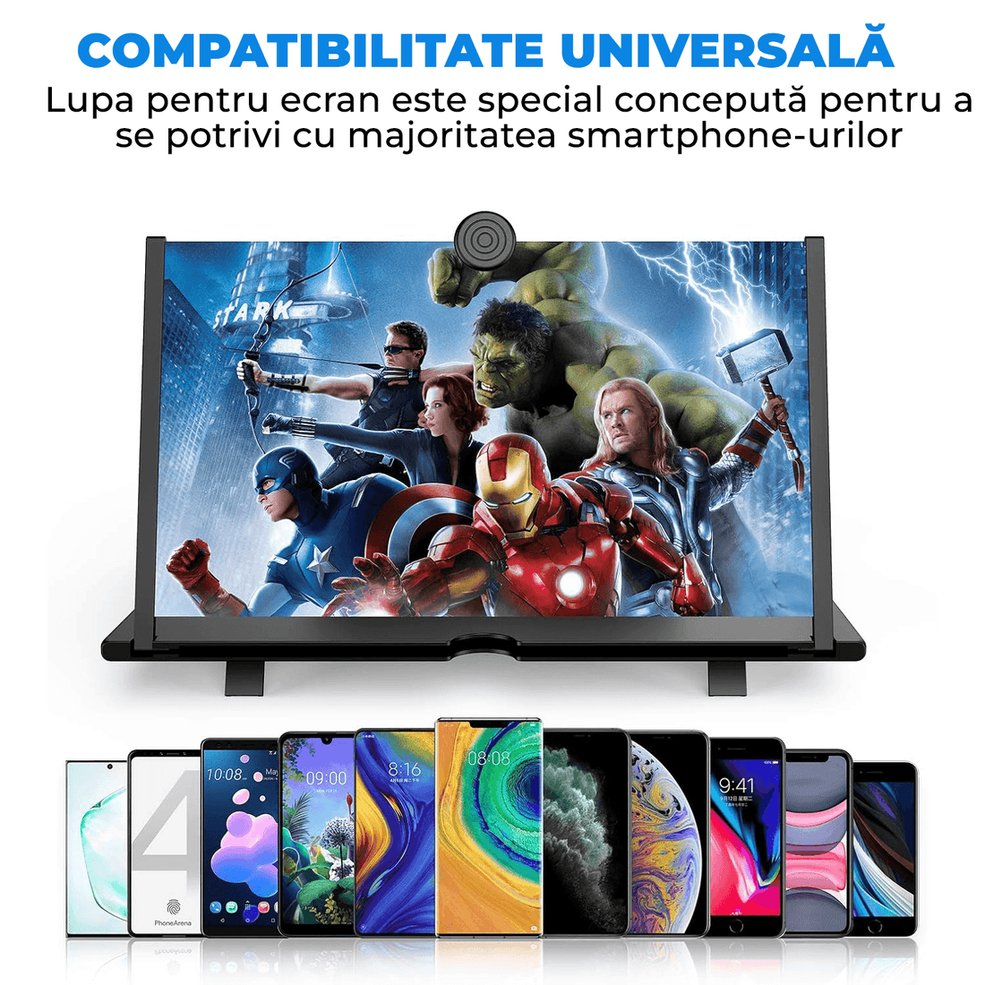 Lupa Pliabila Elindor® pentru Telefon cu Efect 3d si Zoom 4x Marire, Diagonala de 12 inch, suport telefon universal, Negru
