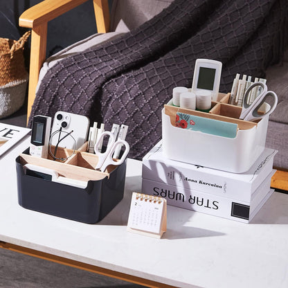 Cutie de Depozitare Elindor® din Bambus, cu 5 Compartimente Detasabile, Organizator de Birou, Potrivit si pentru Baie, Living, Bucatarie, pentru Creioane, Hartii, Rechizite, Pixuri, Suport Multufunctional, 18 x 14.8 x 10 cm, Negru