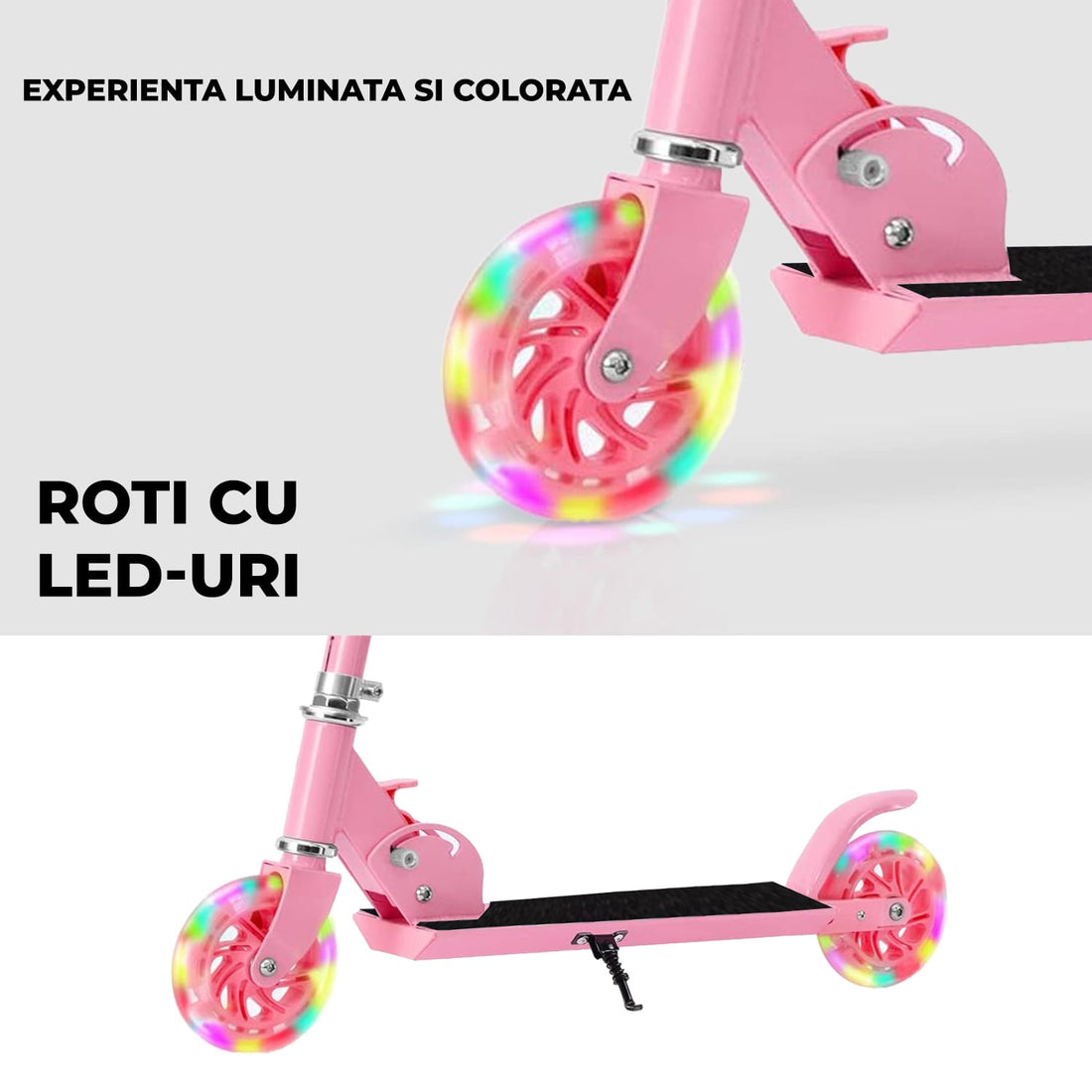 Trotinetă Elindor® Pliabilă cu Ghidon Ajustabil, Roți LED, Roz