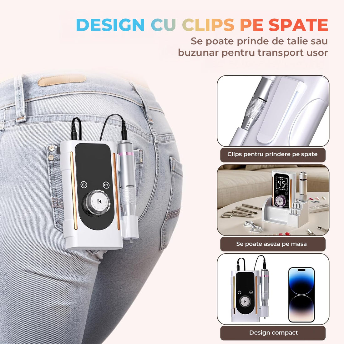 Freza Portabila Unghii Elindor® 45000 RPM, Pila Electrica Profesionala, Manichiura si Pedichiura, Cu Fir, Lampa LED, Ecran LCD, Accesorii Incluse, Capete Diverse, Slefuire Cuticule, Alb