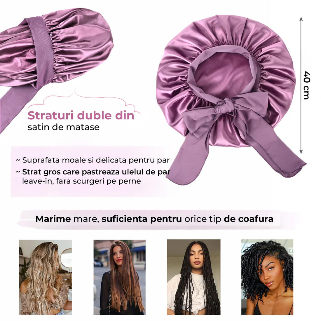 Boneta Satin Dubla Elindor® Pentru Protectia Parului, Banda Reglabila, Mov