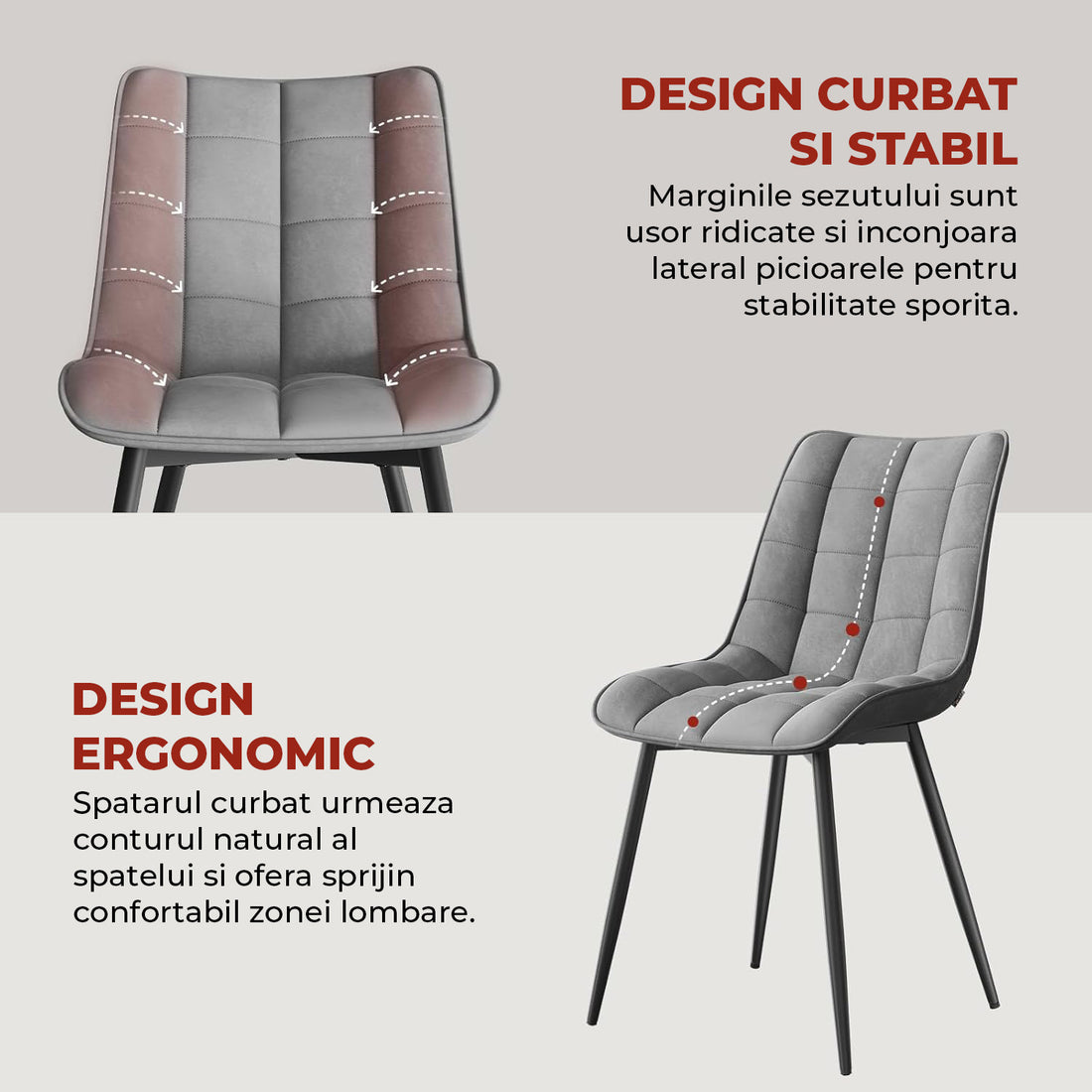 Set 2 Scaune Elindor® Ergonomice, Design Contemporan, Scaun cu Spatar si fara Manere, din Catifea cu Picioare Metalice Negre, Potrivite pentru Living, Bucatarie, Birou, Dormitor, Latime Sezut 46 cm, 85.5 x 45 x 42 cm, Gri Deschis